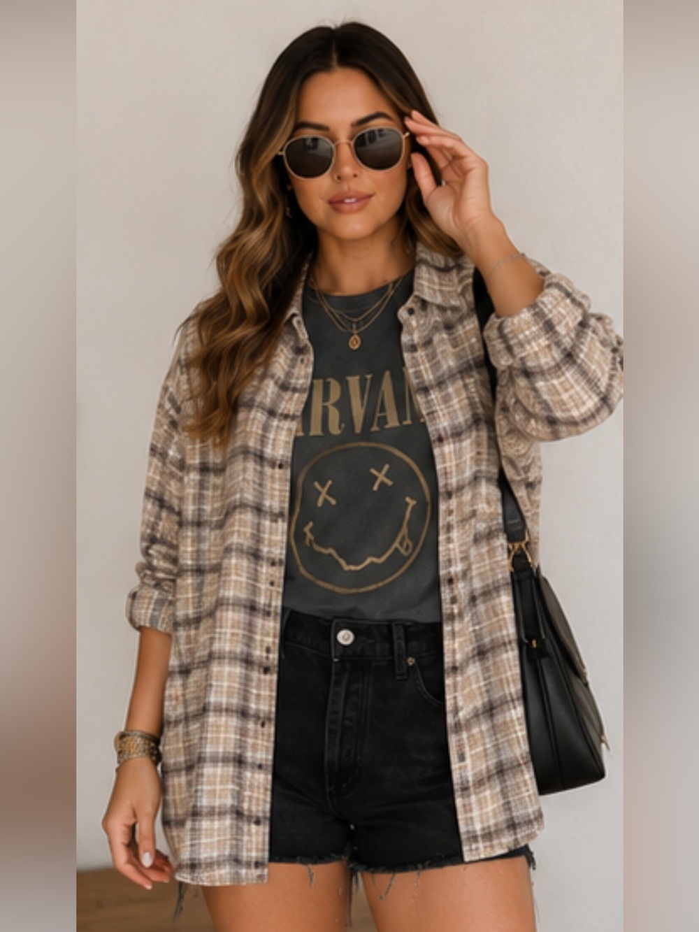 Free People Oversized Beige Plaid Flannel - Casual and Comfy 🍁